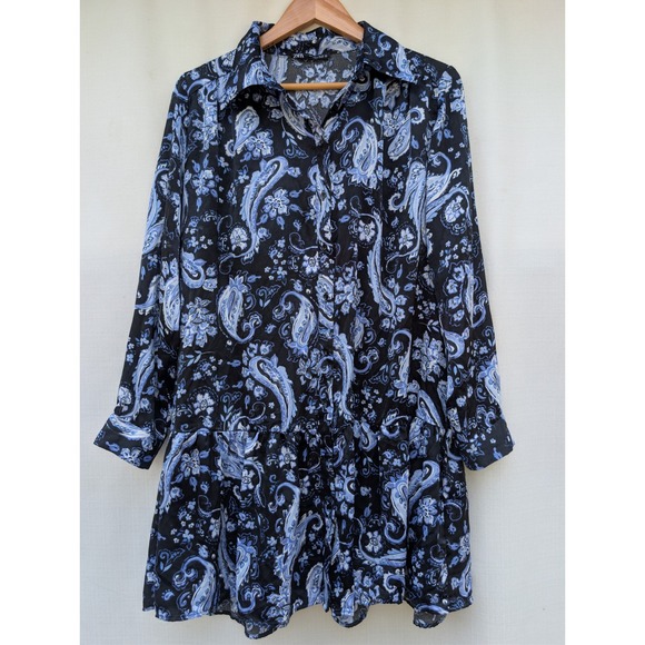 Zara Dresses & Skirts - ZARA Drop Waist Dress Womens L Blue Paisley Poly Long Sleeve Dark Boho Indie